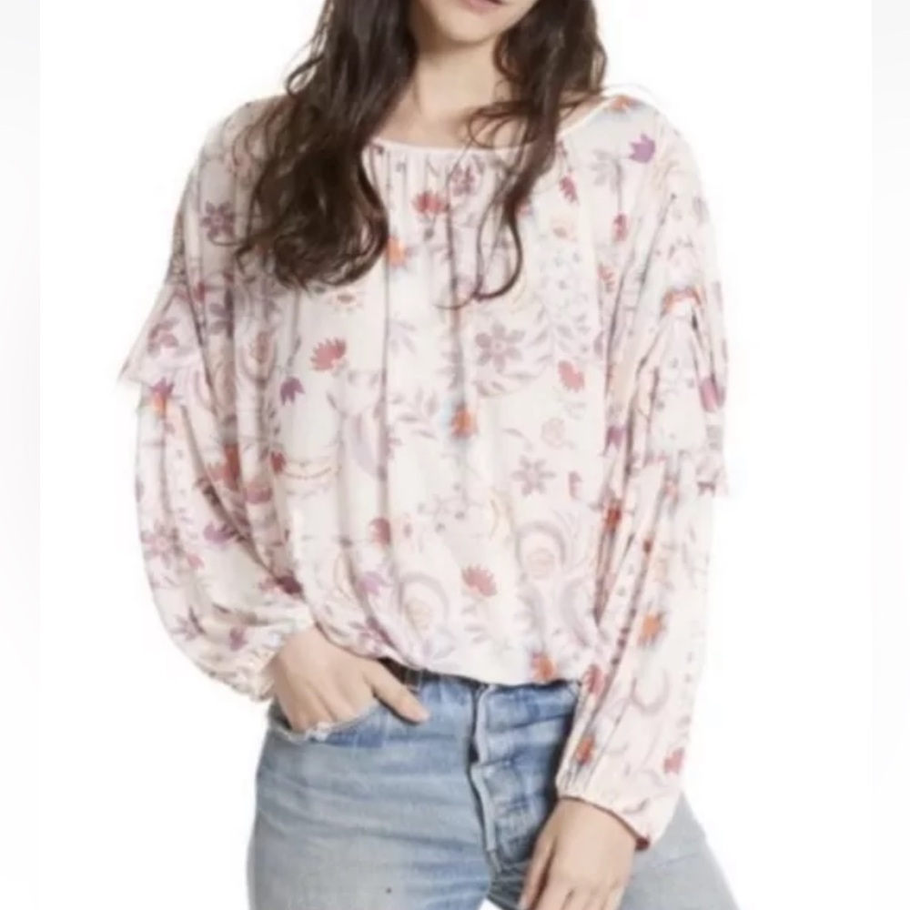 Free People Wild Flower Honey Cream Floral Sheer Bubble Hem Blouse S